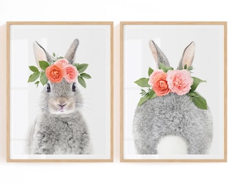 Grey Bunny With Flowers Printable Art - Set of 2 Floral Bunny Front and Back Digital Download - Girl Nursery Bunny Wall Art