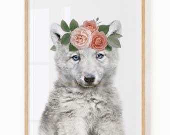 Baby Wolf Wall Art - Girl Woodland Nursery Decor - Floral Animal Printable Artwork - Baby Wolf With Flower Crown