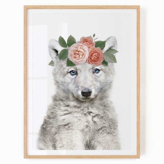 Baby Wolf Wall Art - Girl Woodland Nursery Decor - Floral Animal Printable Artwork - Baby Wolf With Flower Crown
