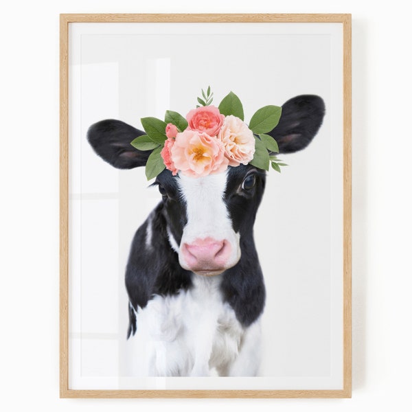 Impression vache pour chambre de bébé - art mural animal à imprimer pour bébé fille - décoration de chambre de ferme - bébé vache avec couronne de fleurs