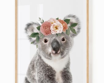 Baby Koala Print for Nursery - Printable Animal Wall Art for Baby Girl - Baby Koala With Flower Crown