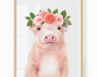 Pig With Flower Crown Printable - Girl Farm Nursery Art