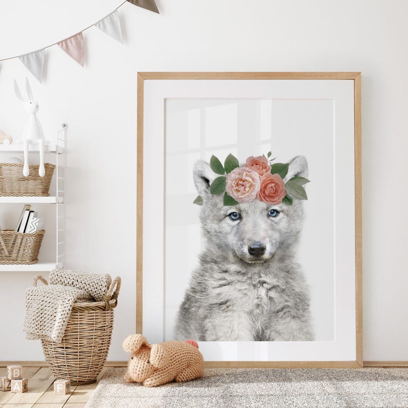 Baby Wolf Wall Art - Girl Woodland Nursery Decor - Floral Animal Printable Artwork - Baby Wolf With Flower Crown image 4