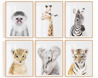 Safari Animals Nursery Prints, Digital Download, Neutral Nursery Prints, Set of 6 Nursery Animals, Safari Nursery Decor, Set of 6 Animals
