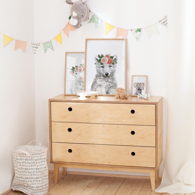 Baby Wolf Wall Art - Girl Woodland Nursery Decor - Floral Animal Printable Artwork - Baby Wolf With Flower Crown image 2