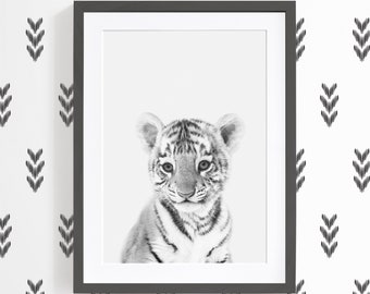 Baby Tiger Print Nursery - Black And White Animal Art - Baby Tiger Digital Print - Black And White Nursery Animal Print - Safari Baby Animal