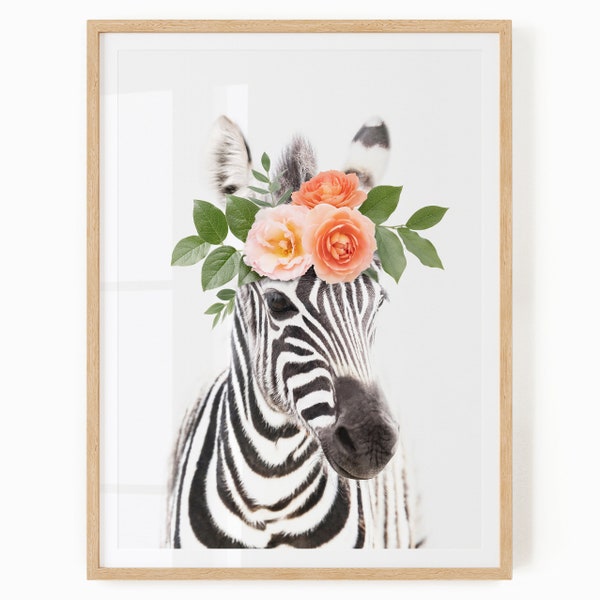 Baby Zebra With Flower Crown - Girl Nursery Zebra Wall Art - Safari Theme Printable Poster - Floral Animal Digital Print