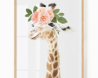 Printable Giraffe With Flower Crown - Safari Nursery Girl Wall Art - Baby Giraffe Digital Download for Girl Nursery