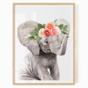 Baby Elephant With Flower Crown - Girl Nursery Art Digital Download - Safari Baby Animal Printable Art - Baby Elephant Print
