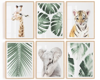 Tropical Nursery Prints Digital Downloads - Botanical Nursery Decor - Neutral Nursery Printable Set - Tropical Baby Animal Prints