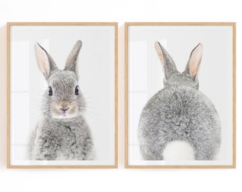 Nursery Bunny Wall Art Printable - Set of 2 Bunny Front and Back Digital Download - Animal Decor for Baby and Kids - Baby Bunny Print