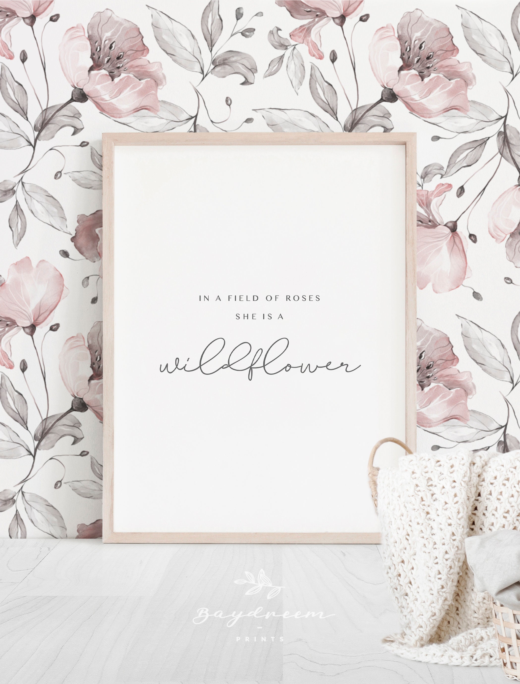 Flowers Art Art Print Nature Saying In A Field of Roses She is A Wildflower Baby Room Girls Nursery Floral Framed Quote Modern