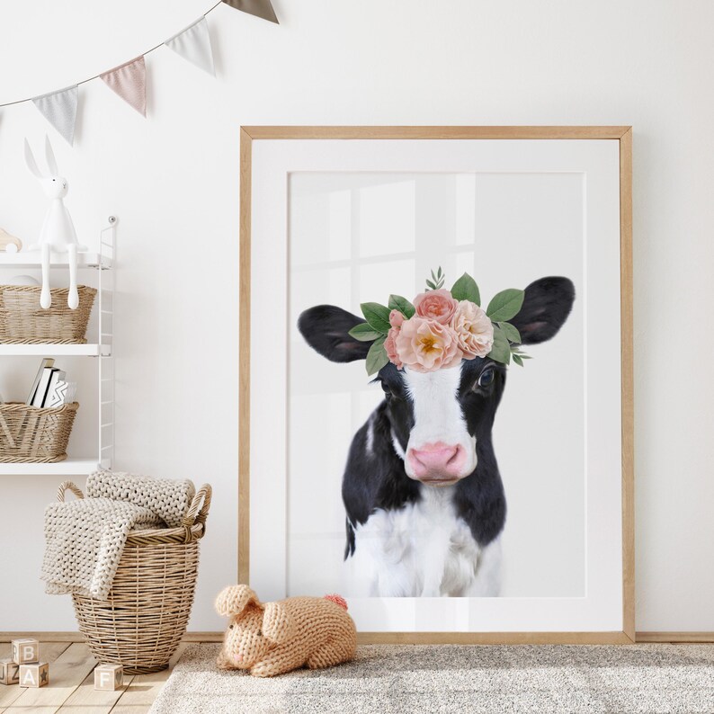 Cow Print for Nursery - Printable Animal Wall Art for Baby Girl - Farm Nursery Decor - Baby Cow With Flower Crown image 4