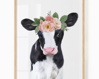 Cow Print for Nursery - Printable Animal Wall Art for Baby Girl - Farm Nursery Decor - Baby Cow With Flower Crown
