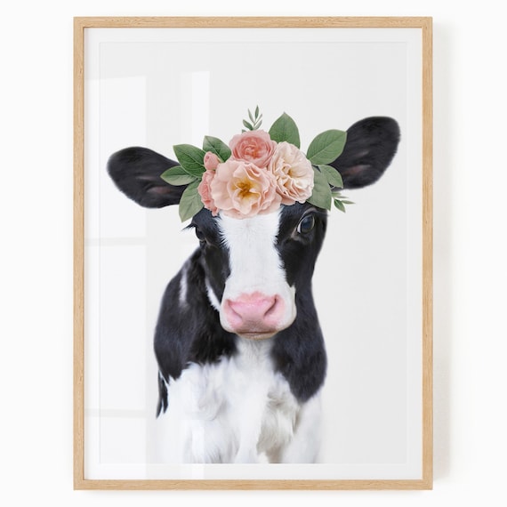 Cow Print for Nursery - Printable Animal Wall Art for Baby Girl - Farm Nursery Decor - Baby Cow With Flower Crown
