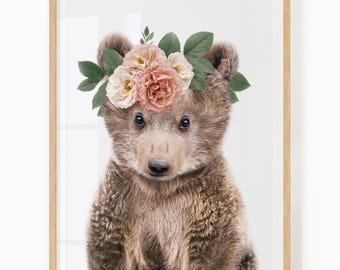 Bear With Flowers Printable Art - Forest Animal Wall Art - Woodland Girl Nursery Digital Download - Baby Bear With Flower Crown
