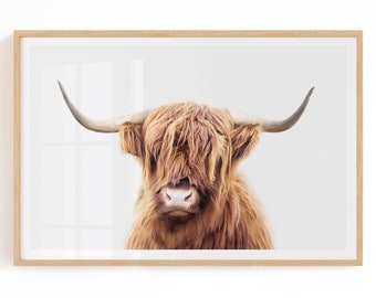 Highland Cow Wall Art - Cow With Horns - Brown Cow Print - Highland Cow Nursery Print Digital Download - Boho Cow Art - Highland Cow Decor