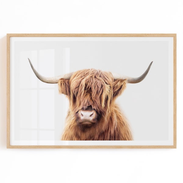 Highland Cow Wall Art - Cow With Horns - Brown Cow Print - Highland Cow Nursery Print Digital Download - Boho Cow Art - Highland Cow Decor