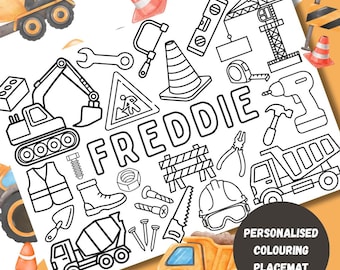 Bagger Bau Personalisierte Geburtstag Färbung Tischset Printable | Geburtstag Ausmalseiten Partys | Party | Baumeister | LKW