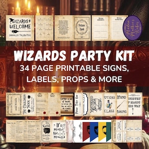 May include: A collection of printable signs, labels, and props for a wizard-themed party. The kit includes various designs with text such as "Wizards Welcome," "Potions Book," and "Restricted Section." The overall color scheme is vintage with parchment-like backgrounds.