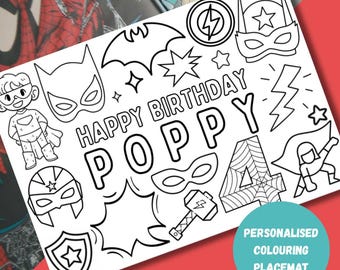 Personalisierte Geburtstag Färbung Tischset Printable | Geschlechtsneutral | Geburtstag | Party Tasche | Superheld | Spinnenmann | Marvel-Rächer
