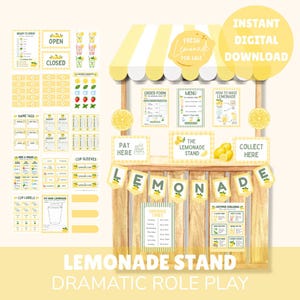 Op de afbeelding: Een digitale printbare limonadekraamset met een geel-wit gestreepte luifel, een houten toonbank en diverse borden zoals menu, bestelformulier en openingstijden. De set bevat naamkaartjes, bekerlabels en decoratieve slingers.