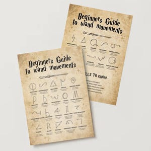 May include: Two parchment-style prints with the text "Beginner's Guide to wand movements." The prints feature wand movement diagrams and symbols. The paper has a vintage, aged appearance with a light brown color.