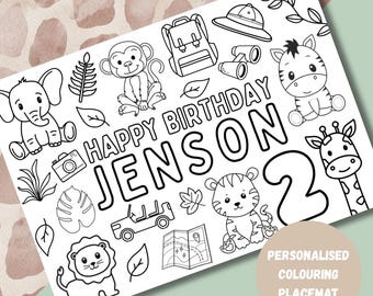 Personalisierte Geburtstag Färbung Tischset Printable | Geschlechtsneutral | Geburtstag Ausmalseiten Parties | Party | Safari | Tiergarten | Wilde Eins