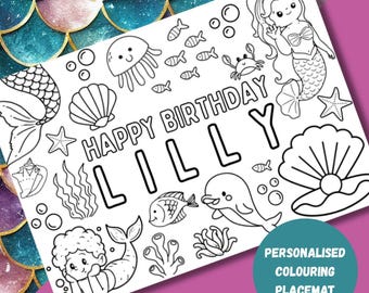 Personalisierte Geburtstag Färbung Tischset Printable | Geschlechtsneutral | Geburtstag Ausmalseiten Partys | Party | Meerjungfrau | Unter dem Meer