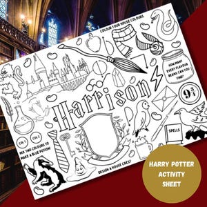 May include: A black and white printable Harry Potter themed activity sheet with the name Harrison at the top. The sheet features various Harry Potter themed images such as Hogwarts castle, a house crest, a potion bottle, a magic wand, a golden snitch, a sorting hat, a  flying key, a  scarf, a  frog, a  owl, a  raven, a  letter, a  broom, a  pair of glasses, a  cup, a  snake, a  house crest, and a  bag of jelly beans. The sheet also includes instructions to colour your house colours, mix two colours to make a blue potion, and design a house crest.