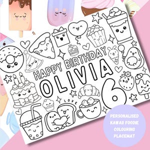 Tovaglietta da colorare personalizzata stampabile / Kawaii Foodie / Carino giapponese / Festa da colorare / Celebrazioni / Ricordo / Jellycat / Peluche