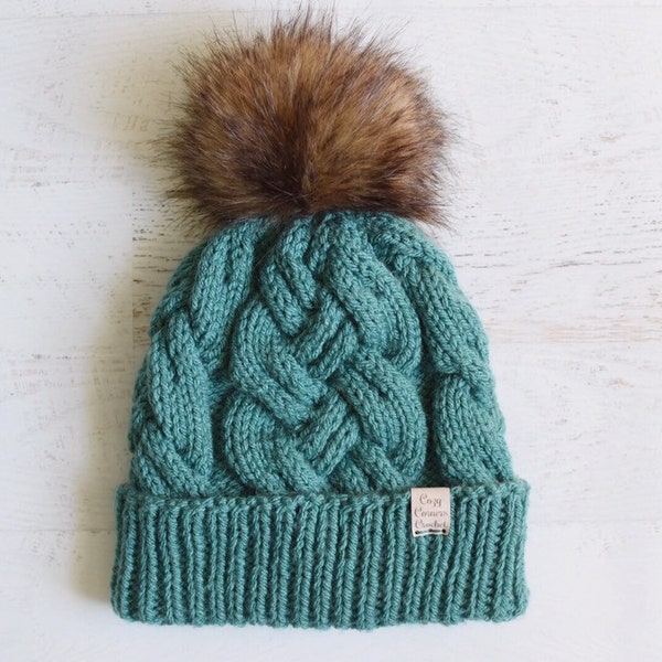 Cable Knitted Hat // Chunky Cable Knit Hat // Teal Hat // Turquoise Hat // Faux Fur Pom Pom Hat // Cabled Winter Hat // Knitted Winter Hat