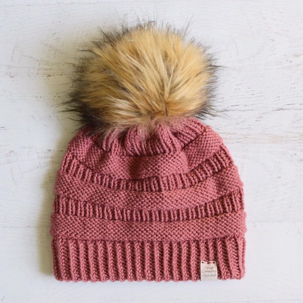 Knitted Hat // Slouchy Knitted Hat // C.C. Handmade Beanie // Knitted Beanie // Faux Fur Pom Hat // Pink Slouchy Hat // Double Brim Hat