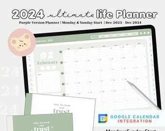 Green - 2024 Digital life planner - Bullet Journal | Goal - Finance - Project | hyperlink GoodNotes | Google Calendar Intergration