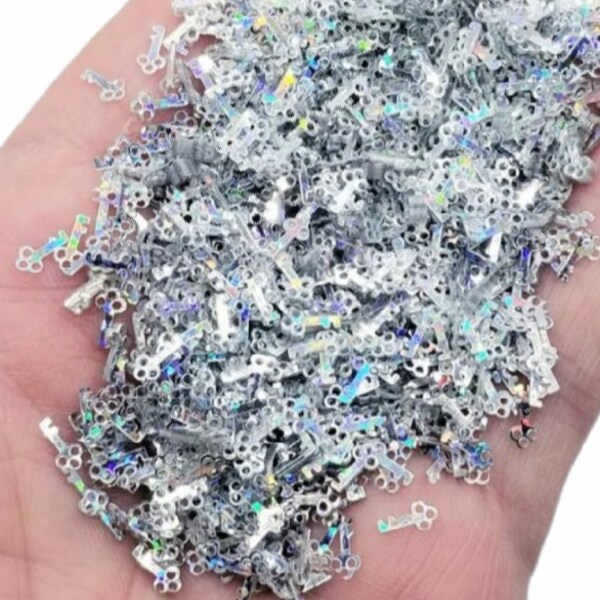 5g HOLOGRAPHIC KEY CONFETTI silver embellishment confetti shaker supplies mix *Not Edible*