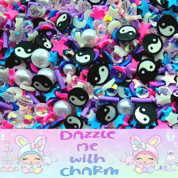 ZEN yin and yang glow in the dark polymer clay fake bake celestial sprinkles and pearls with clear diamond shaped gems for crafts