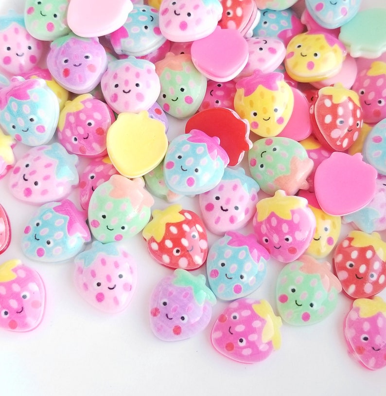 5pcs Strawberry flatback 16mm happy face fruit slice cabochons