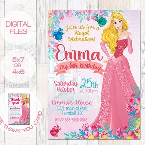 Sleeping beauty invitation - Princess Aurora Invite - Sleeping beauty Birthday Invitation- Princess Aurora- free thank you card