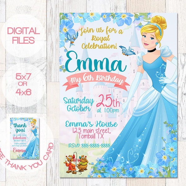 Cinderella invitation - Princess Cinderella Invite - Cinderella Birthday Invitation- Princess Cinderella- free thank you card