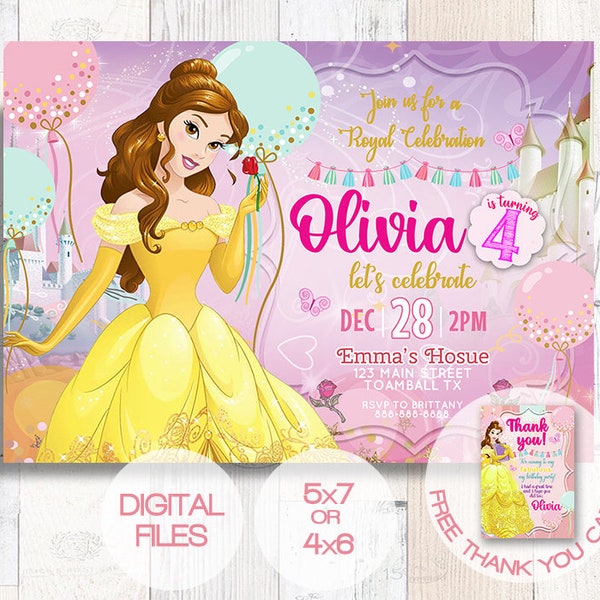 Belle invitation - Princess Belle Invite - beauty and the beast Birthday Invitation- free thank you card