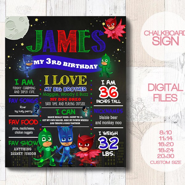 Pj Masks Birthday Poster - Pj Masks Birthday Sign - Pj Masks Chalkboard Poster - Digital First Birthday Poster