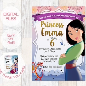 Mulan invitation - Princess Mulan Invite - Mulan Birthday Invitation- Mulan- free thank you card