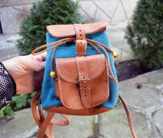 Kids Backpack Canvas Backpack Suede Rucksack Vintage Velour leather Rucksack Small Backpack Vintage Haversack Blue Gift Idea Etsy
