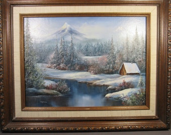 Original Ölgemälde Realismus Winterlandschaft Scheune 9x12 signiert Suzanne Eugene Oregon auf Holzbrett gemalt. Hochwertiger Holzrahmen