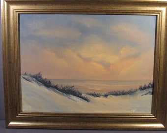 Lienzo de pintura al óleo original 9 x 12 "BEACH SUNRISE" Artista enmarcado firmado Pat Keely 1985