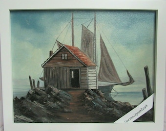 Original Ölgemälde Leinwand 8 x 10 "Bootshaus auf felsigem Pfad" Künstler Pat Keely Vintage 1987