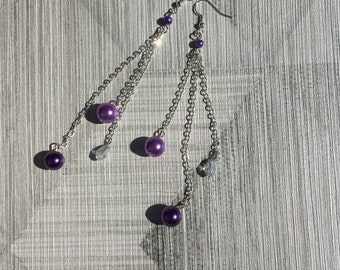 Long Purple Dangle Earrings, purple pearls, long chain earrings, purple crystal earrings, long drop earrings.