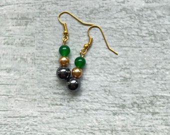 Fun and simple summer style hematite and chalcedony dangle earrings, classy gold drop earrings, earring gift for mom.