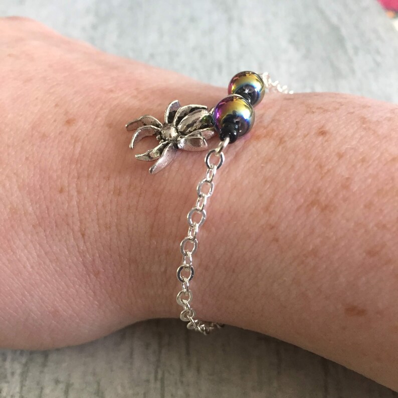 Simple silver spider halloween bracelet, gothic spider costume jewellery, halloween jewellery gift for sister, layering bracelet. image 3