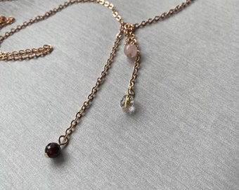 Garnet and Smoky rose quartz necklace, long drop rose gold necklace with pink quartz and garnet pendants, minimalist bolo style necklace.